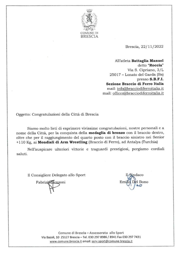 SBFI - Sezione Braccio di Ferro Italia - Lettera congratulazioni Battaglia Manuel
