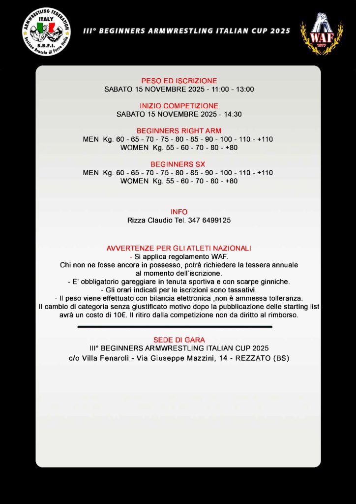 SBFI - Sezione Braccio di Ferro Italia - Beginners Cup 2025